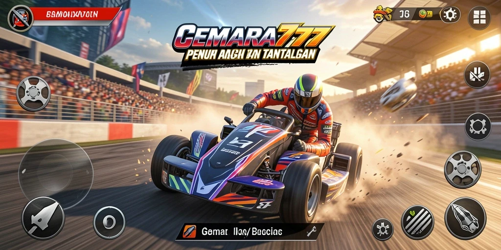 Tampilan permainan CEMARA777 yang seru dengan kendaraan balap di lintasan.