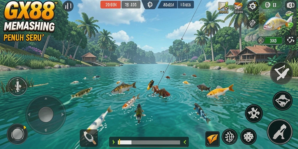 Screenshot utama menampilkan aksi memancing yang seru di GX88.