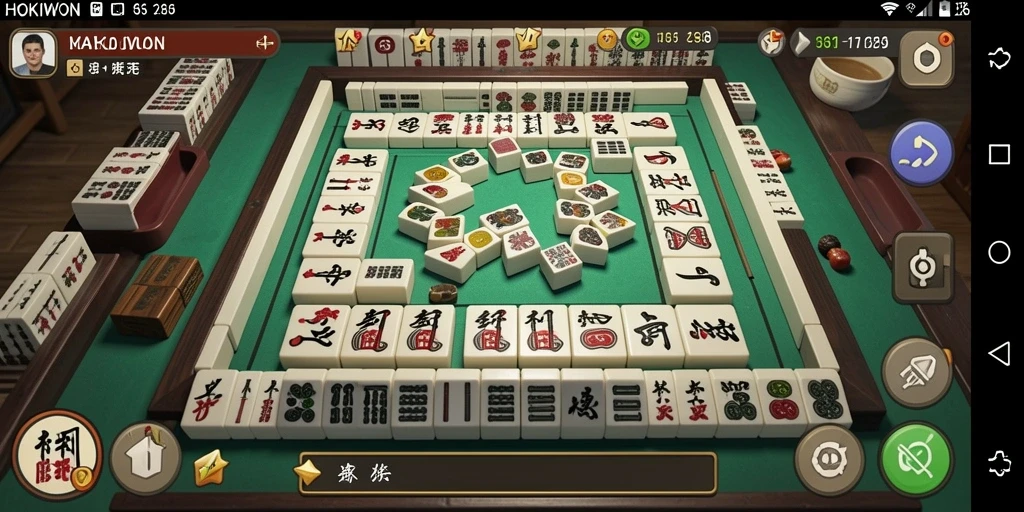 Tampilan gameplay HOKIWON yang menarik dengan desain Mahjong yang cerah.