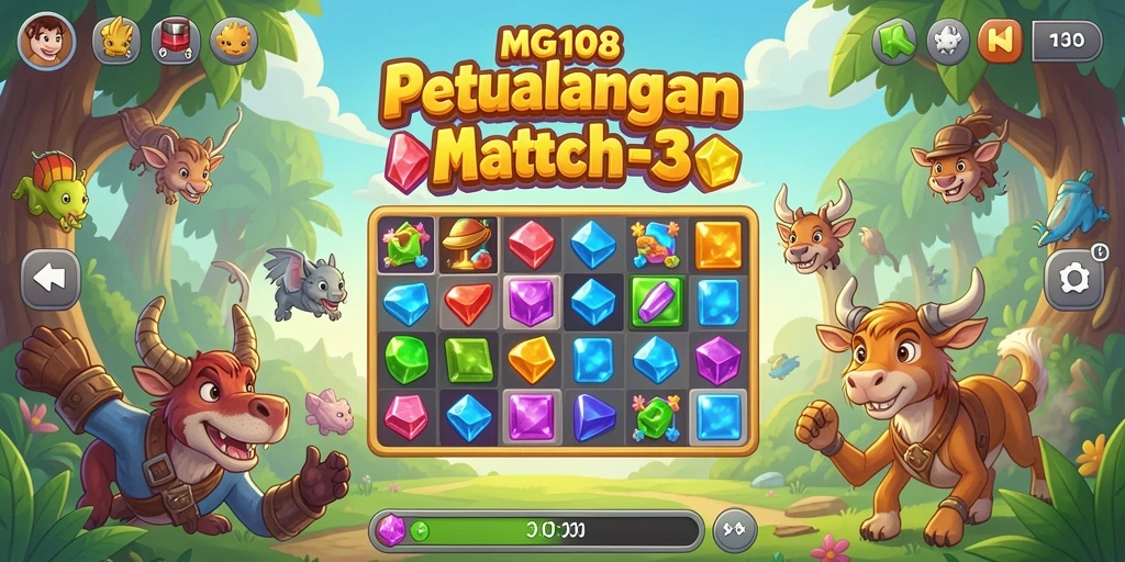 Screenshot MG108 menampilkan gameplay match-3 yang seru dan penuh warna.