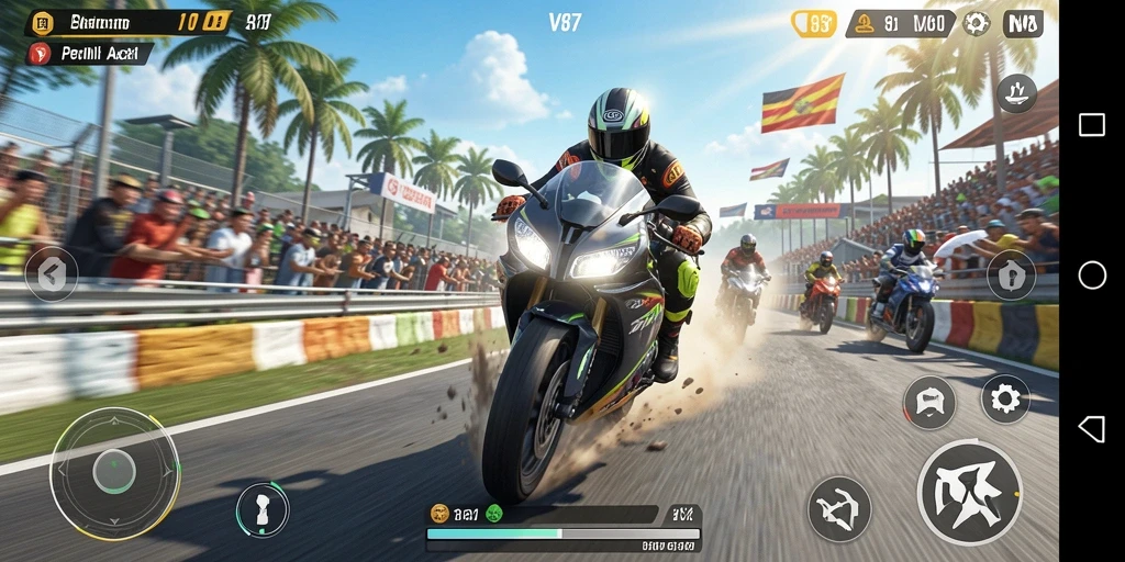 Tampilan permainan V87 dengan aksi balapan motor yang mendebarkan.